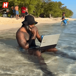  Chris Gayle’s unbelievable work setup: Cricketer uses laptop while sitting among beach waves!